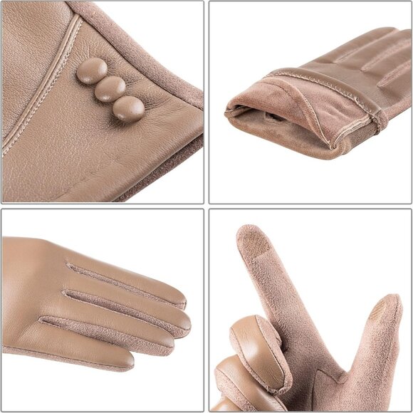 Women's Beige Winter Leather Touch Screen Wool Lined Windproof Warm Dress Gloves - Picture 3 of 7
